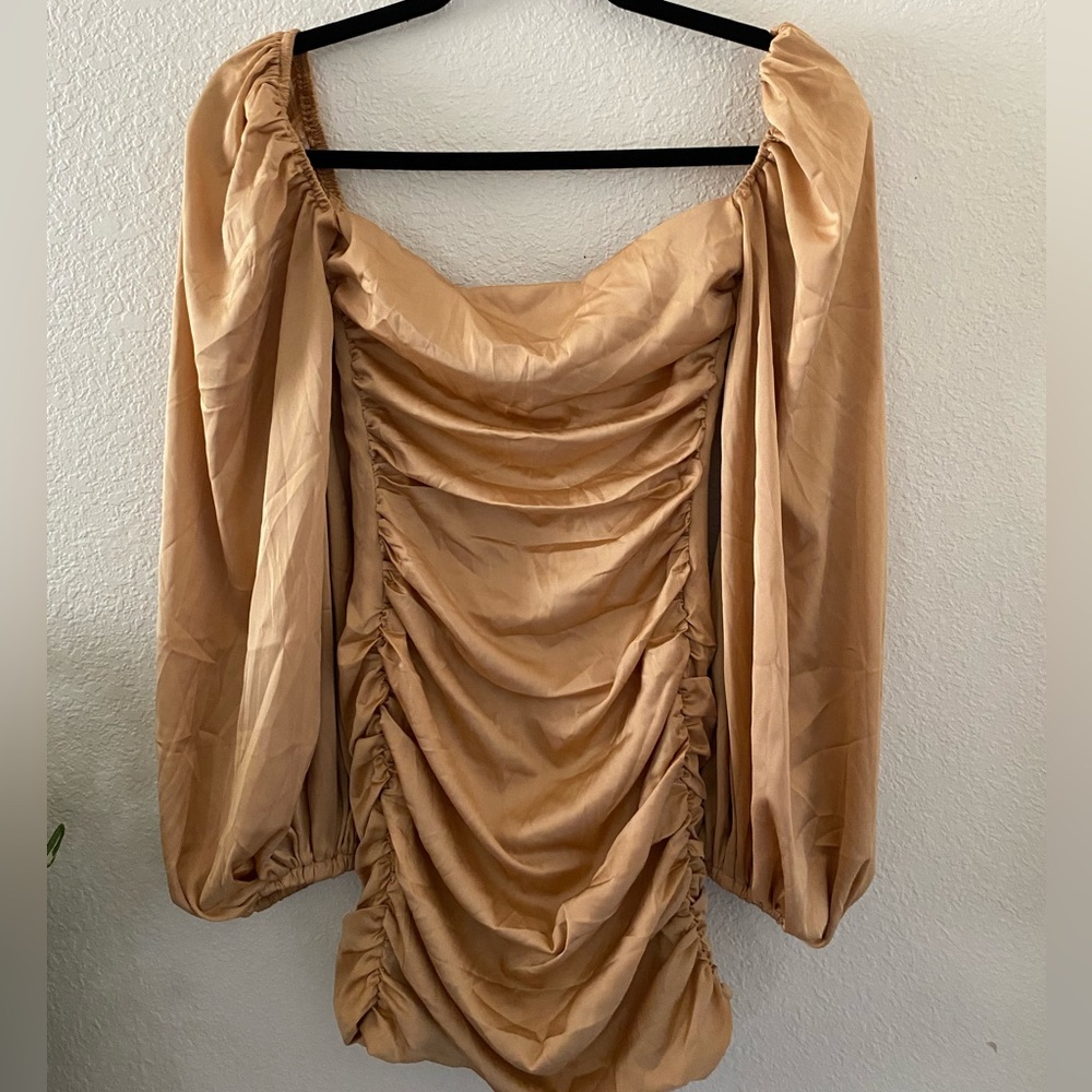 Oh Polly Camel Ruched Satin Puff Sleeve Crop Top